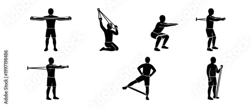 Resistance band exercise icons set, man workout silhouettes collection. Fitness equipment training guide with elastic bands, gym stretching, muscle building and physical therapy activity flat black ve