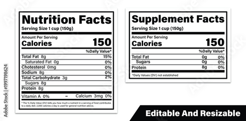 Editable nutrition facts and supplement facts label comparison chart