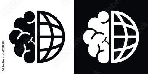 Conceptual icon featuring a split brain and globe grid, symbolizing global connectivity, world-wide artificial intelligence, and human-machine interaction. Vector art.