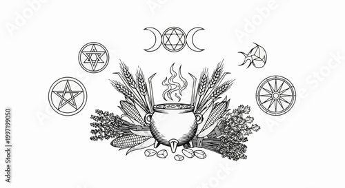 A witches' cauldron bubbles, surrounded by harvest bounty and mystical symbols