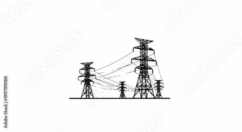 A stark graphic of multiple electricity pylons supporting power lines against a white background