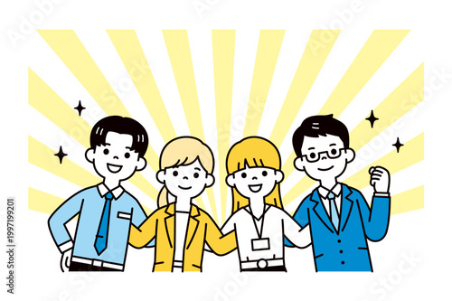 チームワークで働く、連携して頑張る、若い男性社員と女性社員の上半身ベクターイラスト素材