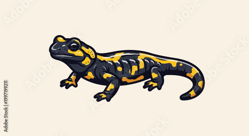 A stylized, black and yellow spotted amphibian with a curved tail