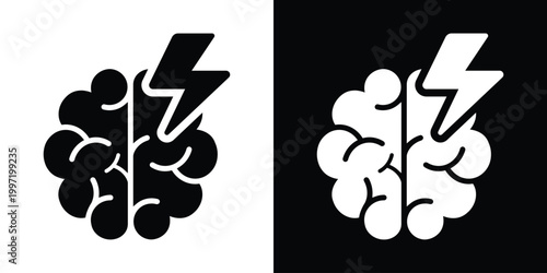 Canvastavla Minimalist icon showing a human brain with a lightning bolt strike, representing sudden inspiration, powerful energy, electric thought, and mental activity
