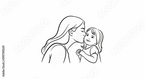 A woman kisses a young child on the cheek