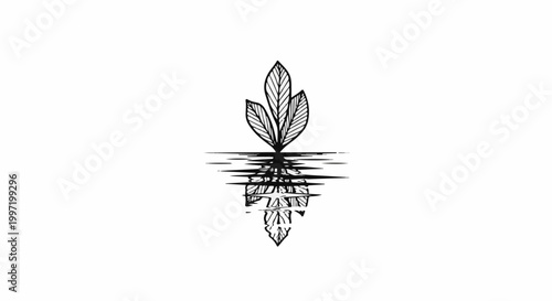 A stylized black ink drawing of a plant with roots reflected below