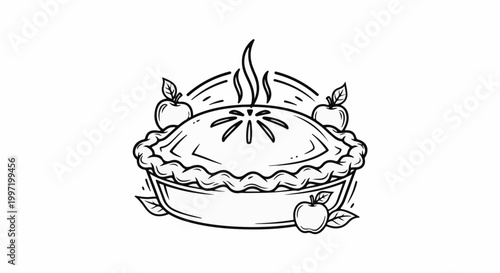 A steaming pie with decorative crust and apples, drawn in black and white