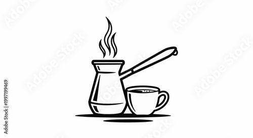 A steaming pot of coffee next to a full cup