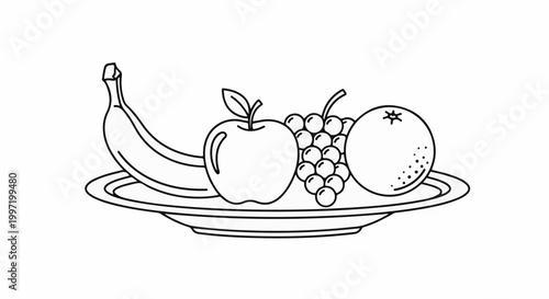 A still life drawing of a banana, apple, grapes, and orange on a plate