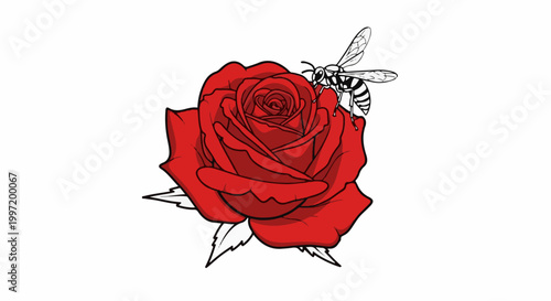 A striking red rose with a delicate wasp perched atop its bloom