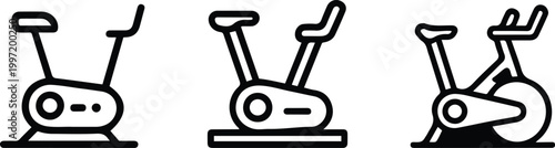 Stationary exercise bike icons set, indoor cycling gym equipment for cardio workout, minimalist outline vector illustration for fitness and wellness