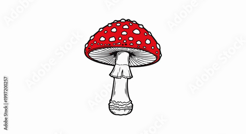 A stylized illustration of a red mushroom with white spots and gills