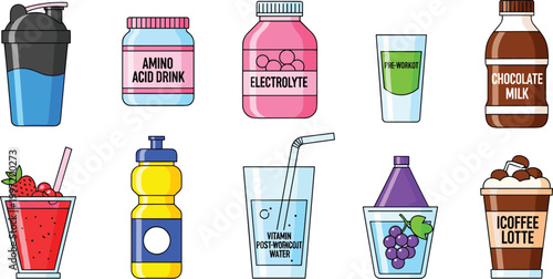 Sports and Protein Drink Vector Set Featuring Amino Acids, Electrolytes, Protein Shakes, and Iced Coffee Lattes for Healthy Beverage Illustrations