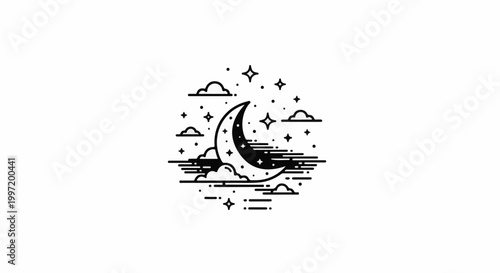 A stylized crescent moon shines amongst stars and clouds against a white background