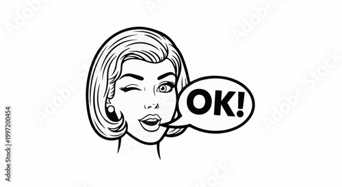 A vintage drawing of a woman winking and saying "OK" in a speech bubble