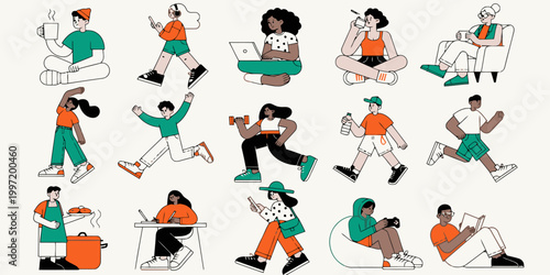 Collection of diverse people engaged in various daily activities and leisure