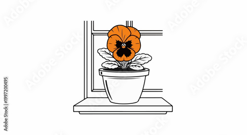 A simple line drawing of an orange pansy in a pot on a windowsill
