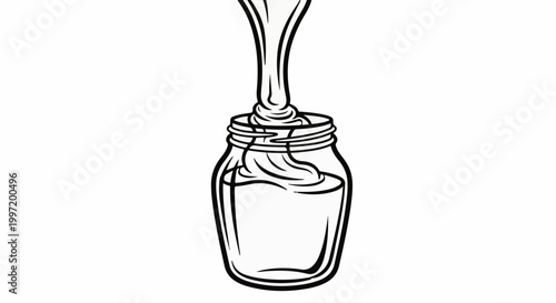 A simple line drawing of thick, creamy liquid being poured into a glass jar