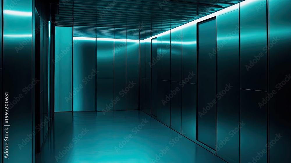 Fototapeta premium Futuristic technology hallway with glowing neon blue lights