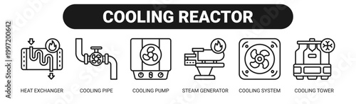Cooling Reactor web banner icon vector illustration concept with icons of heat exchanger, cooling pipe, cooling pump, steam generator, cooling system, and cooling tower. 