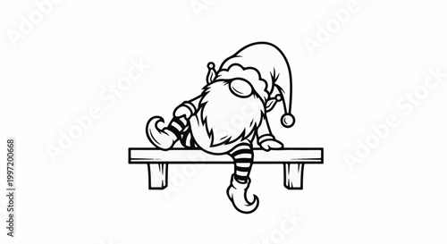 A whimsical gnome with a striped hat and stockings sits on a bench