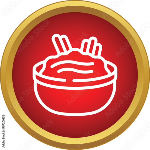 Guacamole dip in a bowl illustrated as a white line icon on a red and gold circle