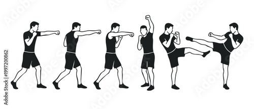 Martial arts fighter silhouette set, boxing punches and kicking poses. Black and white vector illustration of a man practicing combat sports training, MMA techniques and fitness workout active posture