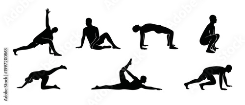 Yoga poses male silhouettes collection, set of fitness stretching exercises for workout training, isolated black human figures on white background for health, wellness, flexibility and athletic activi