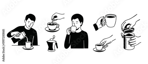 Coffee Drinking Person Set, Pouring Milk and Brewing Process Icons in Line Art Style, Hand Drawn Beverage Preparation Elements for Cafes, Minimalist Black and White Vector Illustrations for Coffee Sho