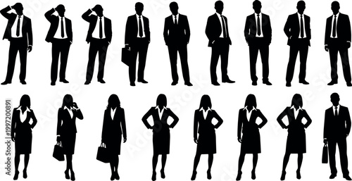 Professional Business Silhouettes Collection Featuring Men and Women in Suits Posing for Corporate Office Success and Professional Career Development Concepts