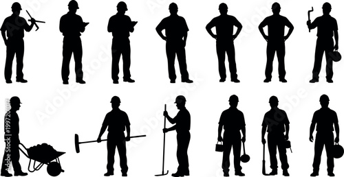 Black silhouettes of diverse construction workers engineers and builders with safety gear tools and equipment for industrial professional vector illustrations.