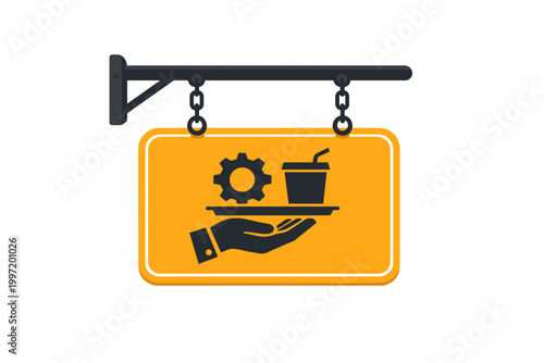 Self-service and technical support hanging sign vector illustration. Yellow board with hand holding tray, gear, and drink cup icon. Industrial maintenance concept isolated on white background.