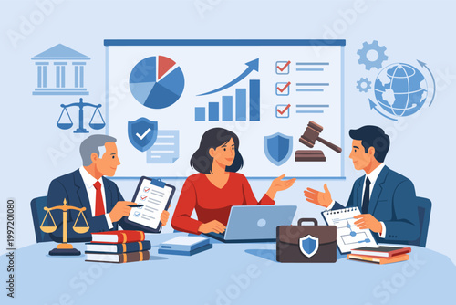 Professional Corporate Legal Advisors and Business Consultants Working Together on Compliance Strategy, Team Discussion with Law Icons, Data Charts, and Gavel in Office Vector Illustration.