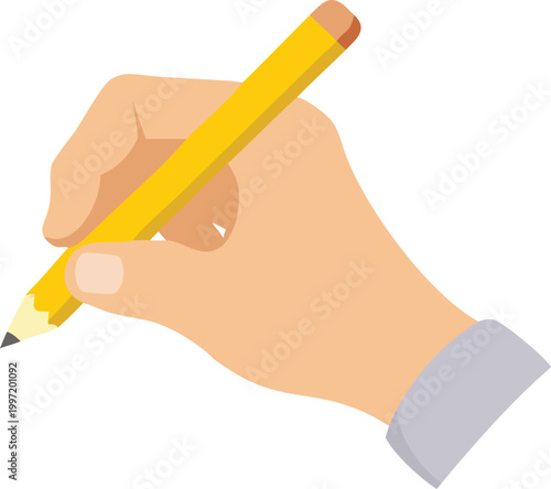hand holding yellow pencil in flat illustration style