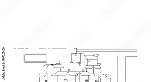 A stylized line drawing of a pile of open and closed cardboard boxes