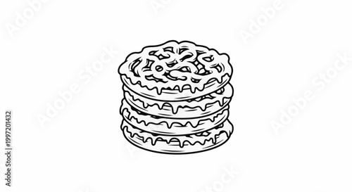 A stack of four pancakes drizzled with syrup and topped with more syrup