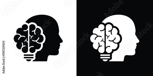 Icon depicting a human head profile with a brain-shaped lightbulb, representing creativity, inspiration, innovative thinking, and mental potential. High contrast vector.