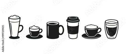 Coffee Cups Icon Set, Black and White Vector Collection of Various Espresso, Latte, and Takeaway Mugs for Restaurant Menus, Cafe Branding, and Minimalist Graphic Design Projects Featuring Diverse Beve