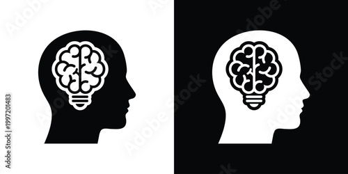 A profile silhouette of a human head containing a glowing brain-shaped lightbulb. Represents human intelligence, innovation, cognitive development, psychology, and creative thought processes.