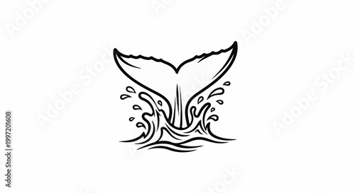 A stylized black and white drawing of a whale's tail emerging from water