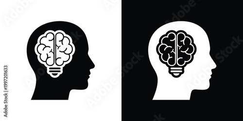 A profile silhouette of a human head containing a glowing brain-shaped lightbulb. Represents human intelligence, innovation, cognitive development, psychology, and creative thought processes.