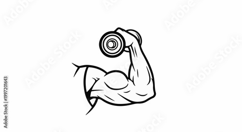 A stylized black and white illustration of a muscular arm lifting a dumbbell