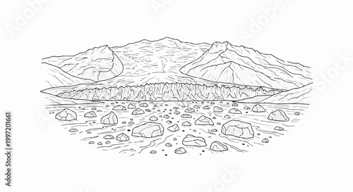 A stark, black and white illustration depicts a glacial landscape with jagged mountains and a rocky riverbed