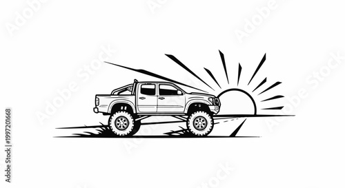 A stylized black and white graphic of a lifted pickup truck driving toward a rising sun