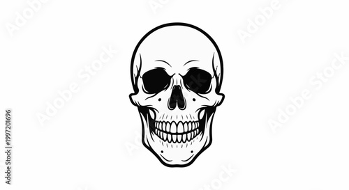 A stark, black and white illustration of a human skull