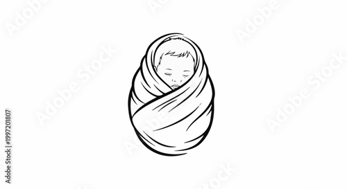 A sleeping baby is wrapped in a blanket, drawn with simple black lines on white