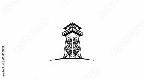 A stylized black and white illustration of a fire lookout tower on a small hill