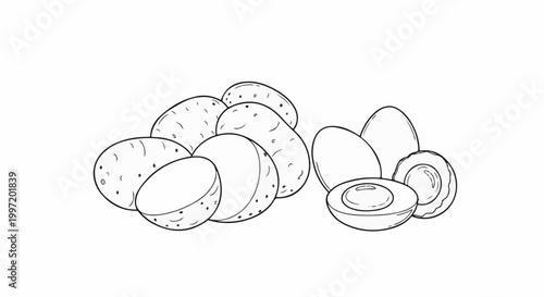 A sketch shows a pile of potatoes, some cut in half, and three eggs, one cut