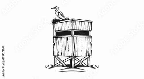 A sketch shows a rustic wooden blind on stilts in water with a bird on top