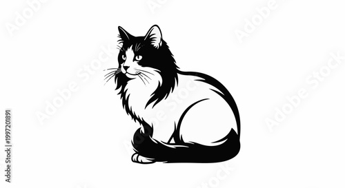 A stylized black and white illustration of a fluffy cat sitting elegantly